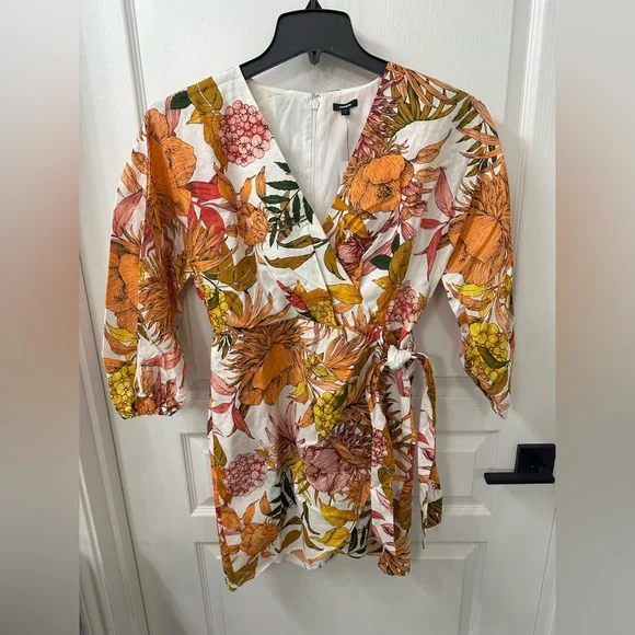 EXPRESS - Floral Linen-Blend V-Neck Tie Wrap Mini Sheath Dress - NWT SMALL - Picture 5 of 6